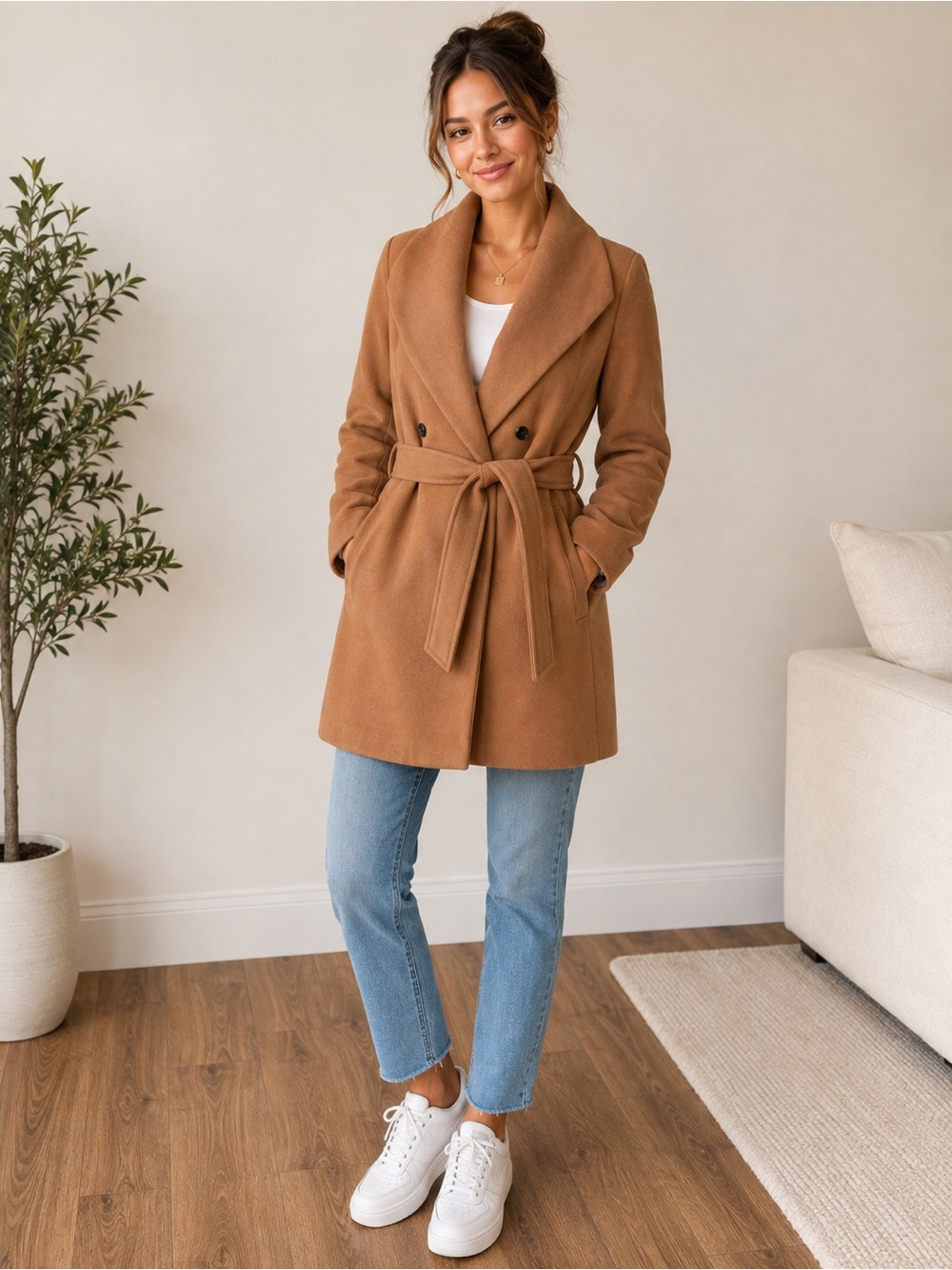 NEVER WORN- Womens Tahari Belted Wool-Blend Coat - Camel